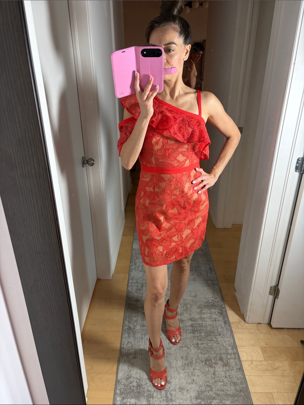 Marciano Red One-Shoulder Lace Ruffle Mini Dress